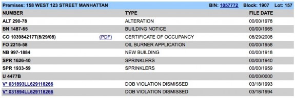 Actions for 158 West 123 - showing age of building