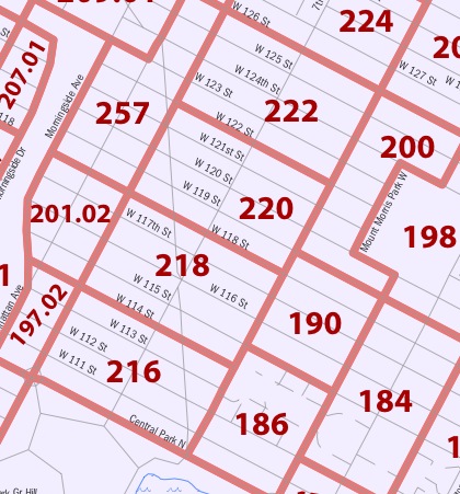 Map of census tracts in lower Harlem