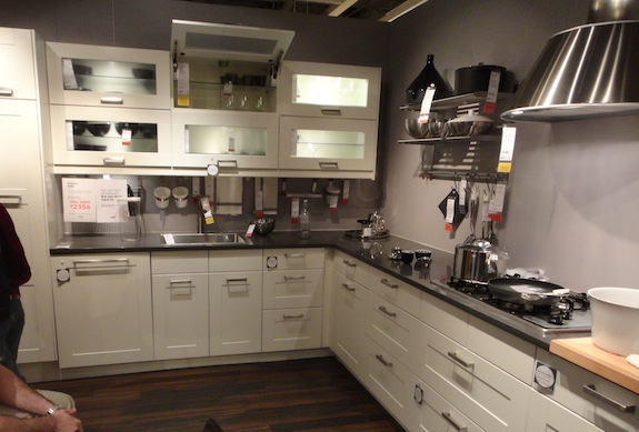 Ikea Adel white cabinets with dark gray counter